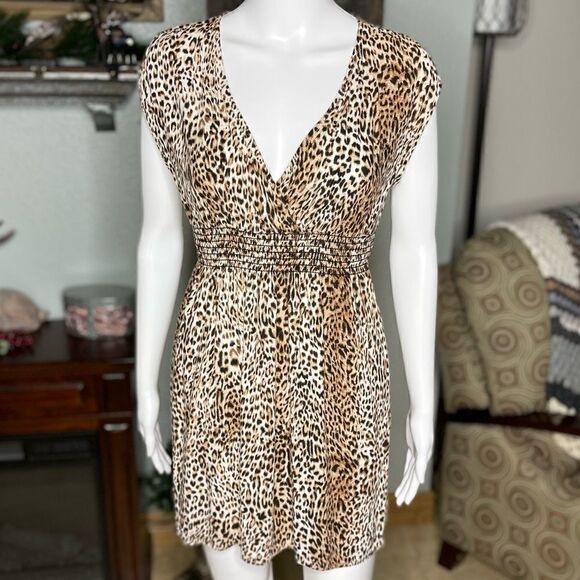 Lily White Dress Leopard Print Smocked Waist Mini Size Medium - Picture 3 of 14